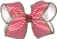 Large Large Christmas with Red and White Stripe and Green Tinsel Edge over White Double Layer Overlay Bow
